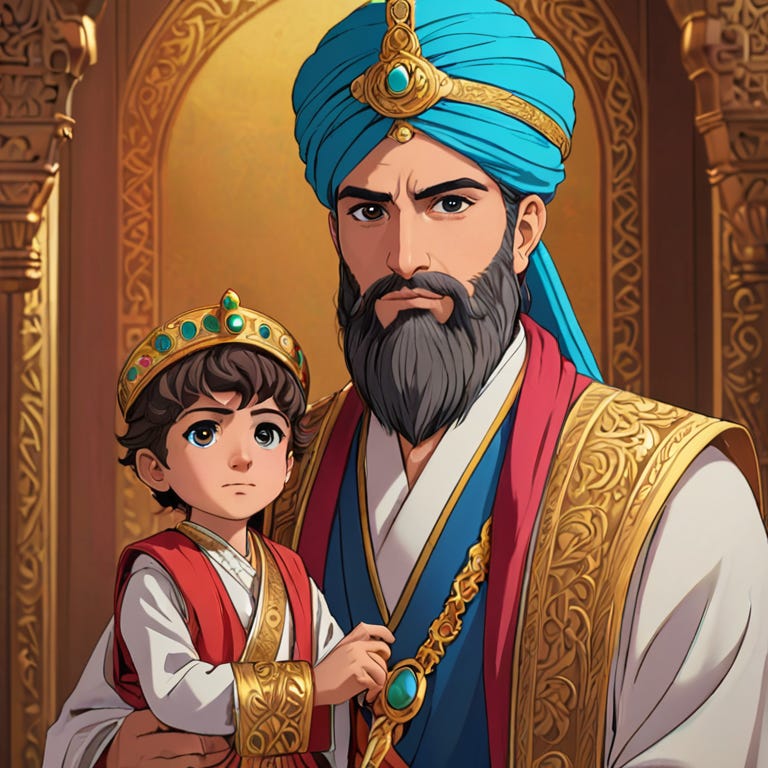 Cyrus the Great in Persian clothes and a beard holding the hand of a young son