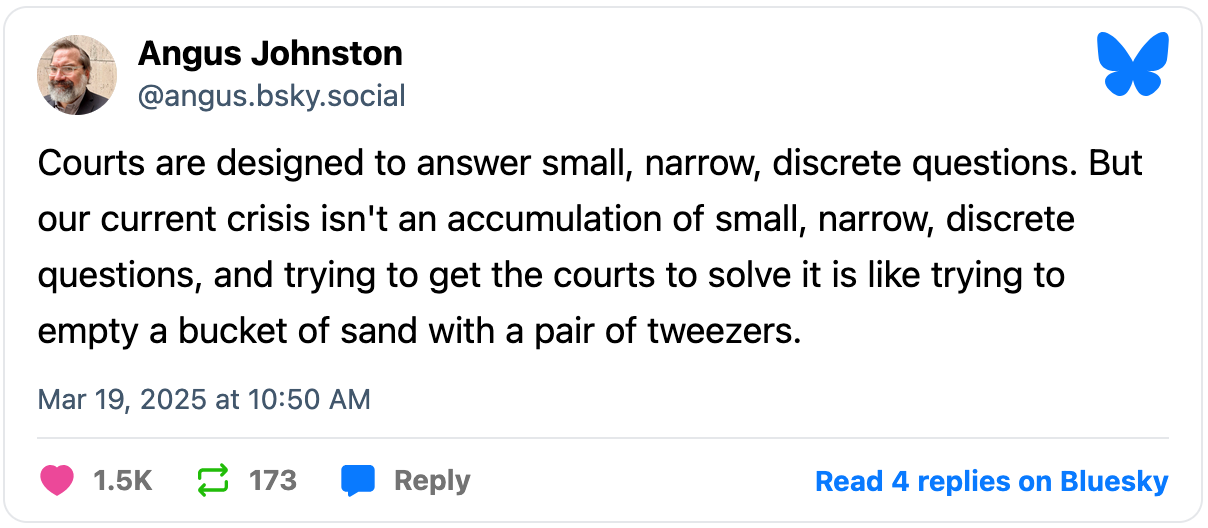 March 19, 2025 Bluesky post by Angus Johnston reading, "Courts are designed to answer small, narrow, discrete questions. But our current crisis isn't an accumulation of small, narrow, discrete questions, and trying to get the courts to solve it is like trying to empty a bucket of sand with a pair of tweezers."