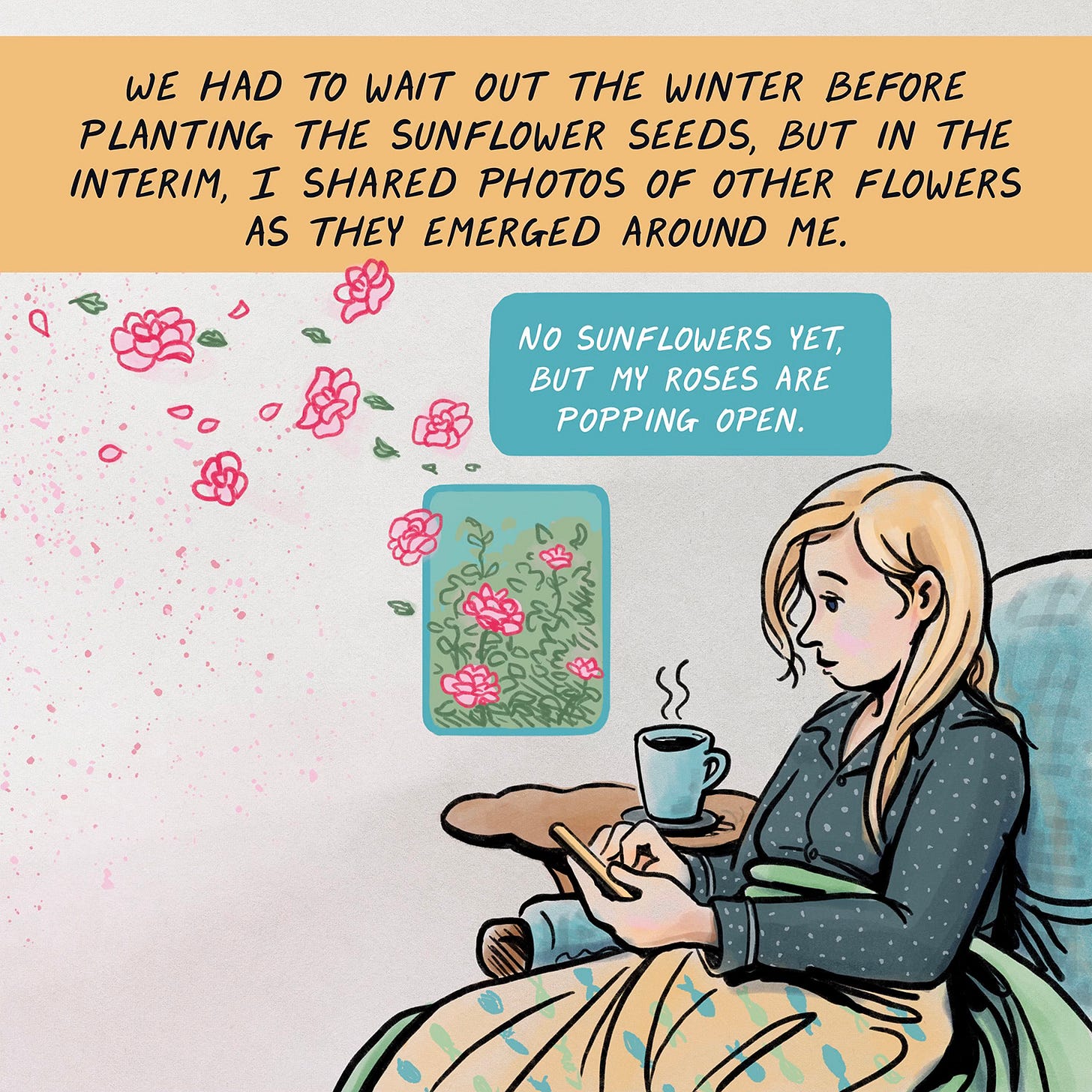 WE HAD TO WAIT OUT THE WINTER BEFORE PLANTING THE SUNFLOWER SEEDS, BUT IN THE INTERIM, I SHARED PHOTOS OF OTHER FLOWERS AS THEY EMERGED AROUND ME. Text message: NO SUNFLOWERS YET, BUT MY ROSES ARE POPPING OPEN. (Rachelle sending message on couch, roses arising from images)