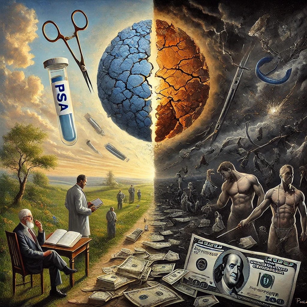 A symbolic and thought-provoking oil painting representing the historical and systemic impact of prostate cancer treatment. The composition features a timeline-like progression, with a stark divide in the center. On the left, scenes of restrained, systemic care depicted by tranquil, subdued colors and figures consulting books and natural settings, representing conservative management before 1987. On the right, aggressive intervention dominates with chaotic imagery: surgical tools looming large, scattered dollar bills, and patients grappling with shadows symbolizing complications. In the background, a cracked, oversized PSA test vial rests at the center of the divide, symbolizing its flawed role. Dark clouds with glimmers of hope on the horizon represent future directions toward better, systemic treatments. The style is dramatic and rich in detail, using contrasting light and shadow to evoke tension.