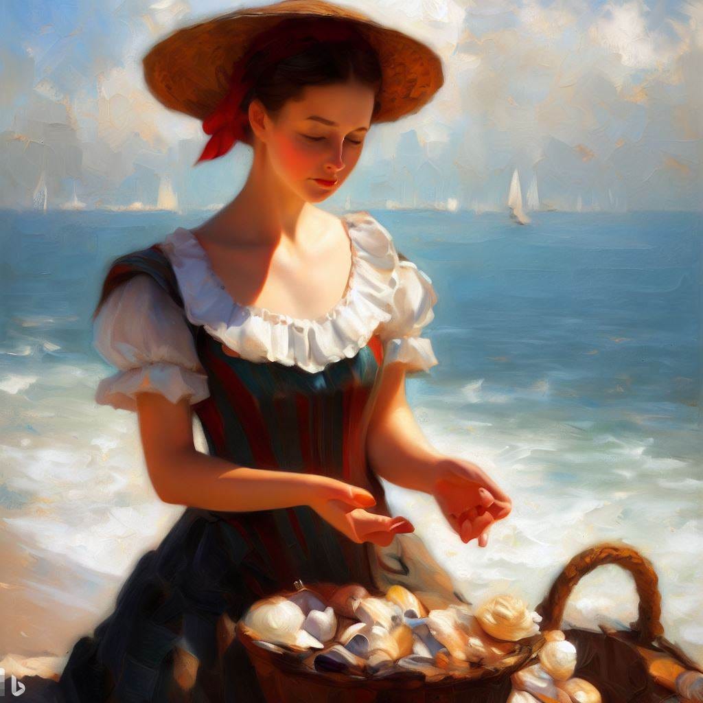a highly stylistic painting of a young woman selling seashells by the seashore
