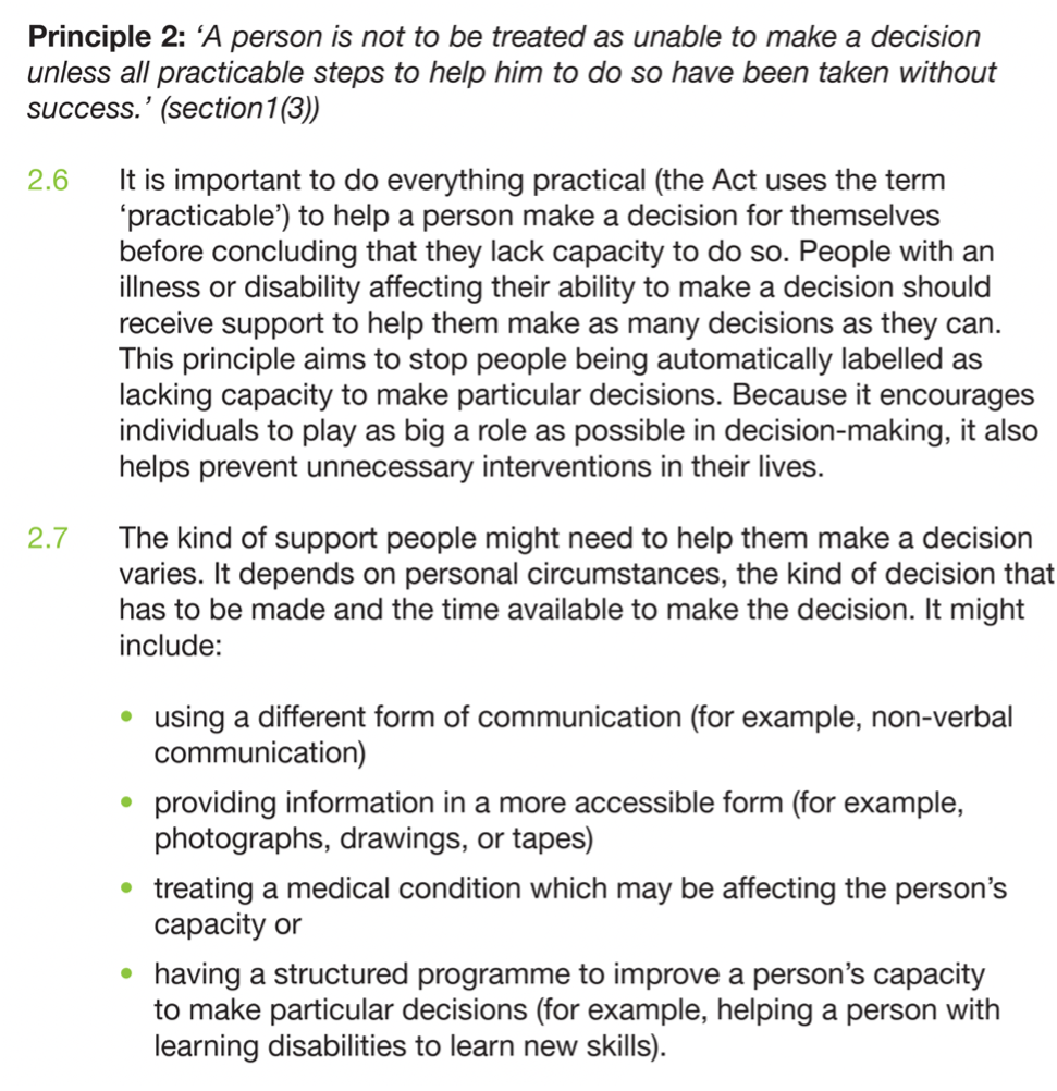 Image of text from Principle 2 of Mental Capacity Act