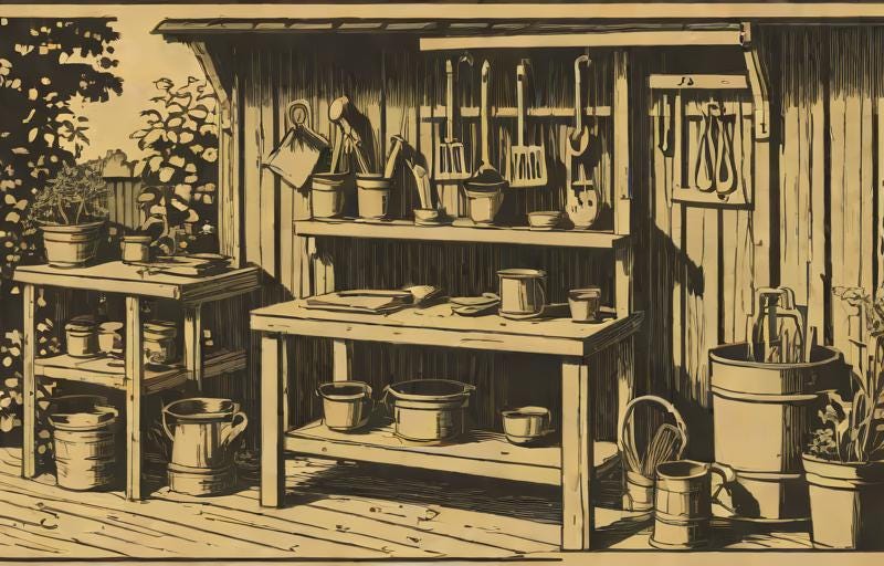 woodcut  of a potting bench and garden tools