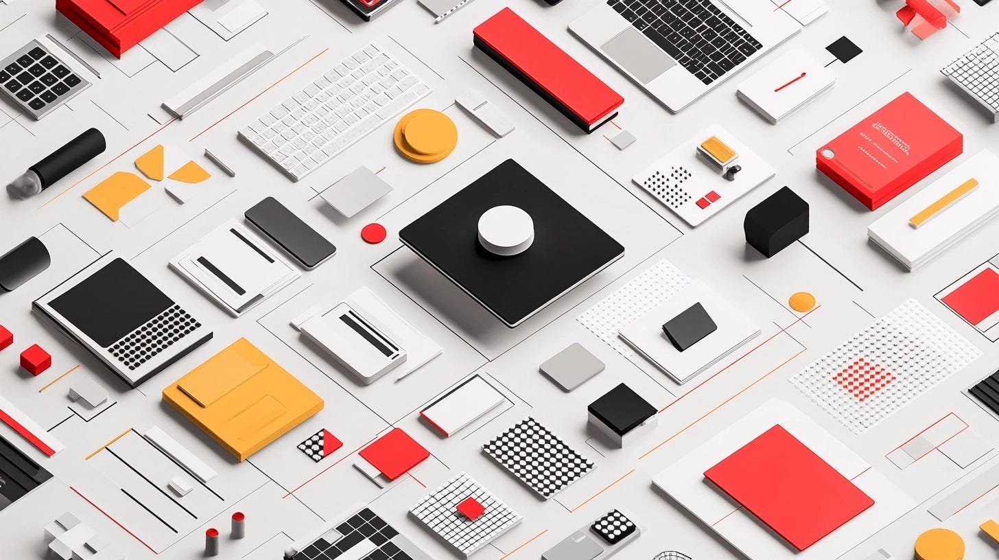 An isometric layout featuring a grid of minimalistic, abstract objects in a clean, modern design. The composition includes items like keyboards, geometric shapes, books, and tech gadgets in a color palette of white, black, red, and yellow, arranged with a sense of order and balance.