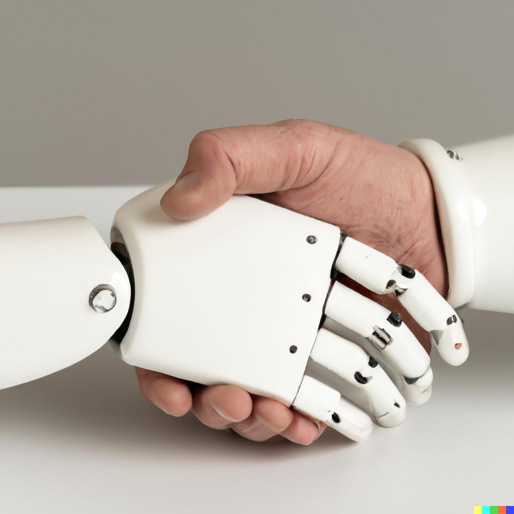 Close-up shot of a robot hand and human hand clasped together in a handshake.