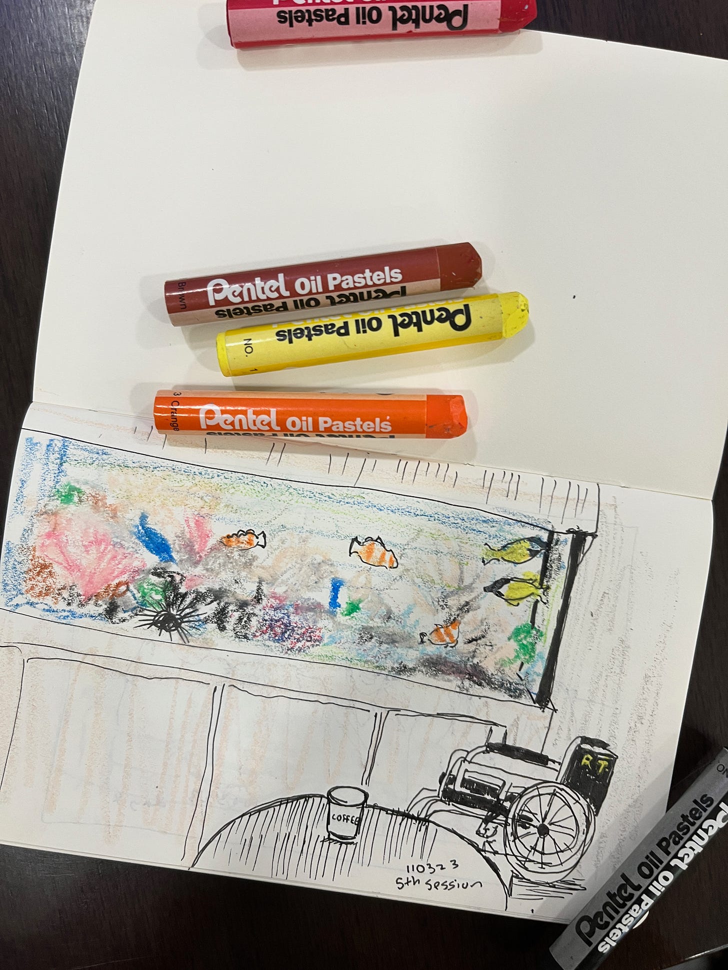 image: pen and crayon sketch of an aquarium with fish and corals, a table in front, and a folded wheelchair