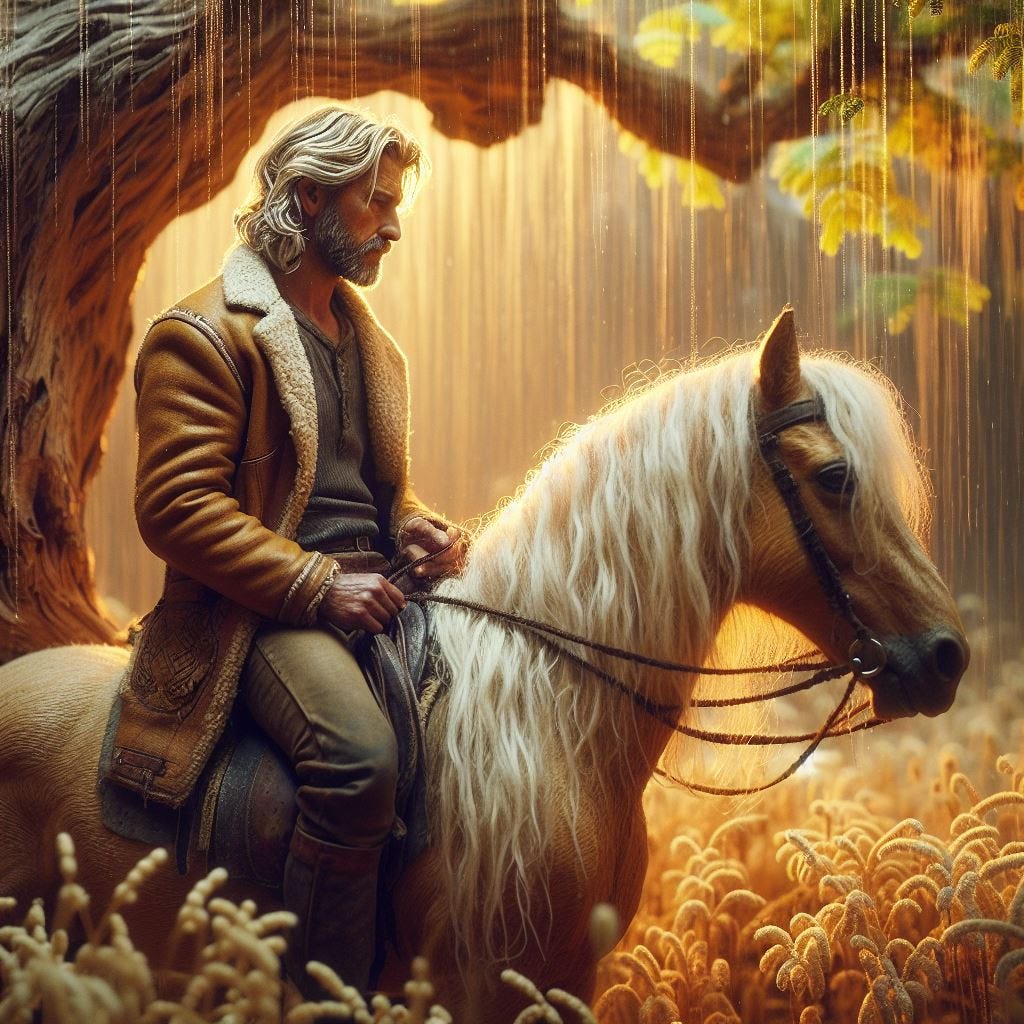 Tiltshift heroic sandy haired middle aged man sitting on his blonde and brown horse under tree. wool/yarn strands. His leather jacket is ivory with with gold hyroglyphs cream/ivory/gold "Blotter Art" Amanda Sage. moringa trees.raining tiny prisms of light. Blacklight Art. Velvet Paintings.  Art fusion of Peter Max/ Alex Grey and vincent van gogh. Grasses/moringa trees.