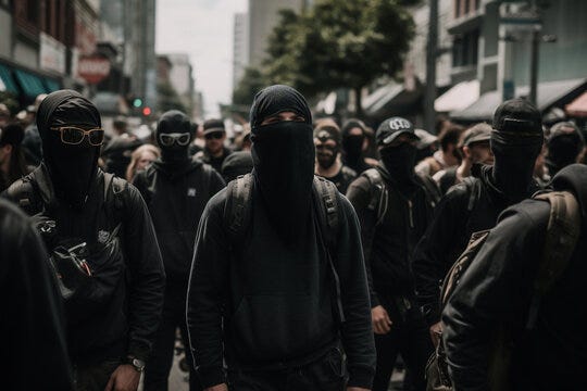 People protesting in the streets, antifa wearing black