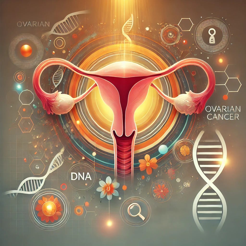 A professional medical illustration highlighting ovarian cancer research and prevention. The image features a stylized, modern depiction of a female reproductive system, with warm, inviting colors such as shades of gold, orange, and pink to evoke positivity. DNA strands subtly weave through the background, symbolizing genetic research. Glowing icons representing scientific breakthroughs, such as a magnifying glass over a cell and a shield symbolizing protection, add to the innovative feel. The design is clean, modern, and approachable, avoiding unsettling visuals while maintaining clarity and focus on the medical theme.