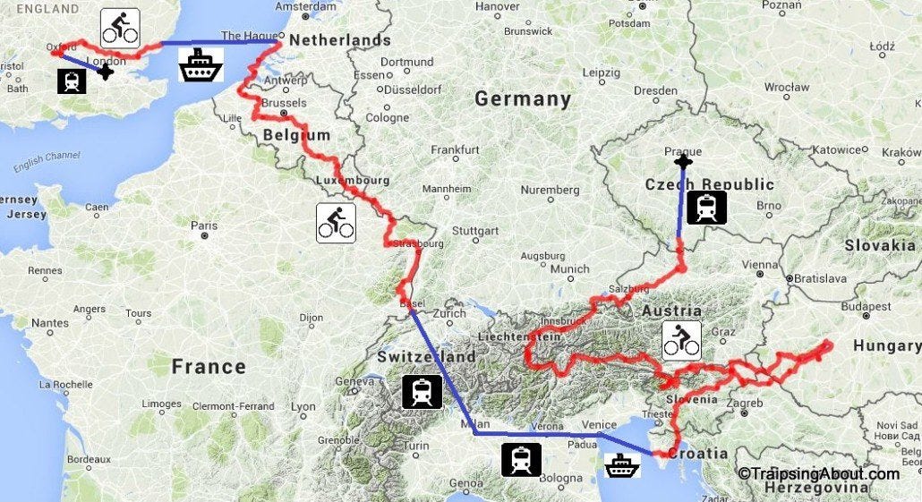 The route! Starting in London, we pedaled 2,500 miles, took a couple ferries, and hopped on a few trains. 