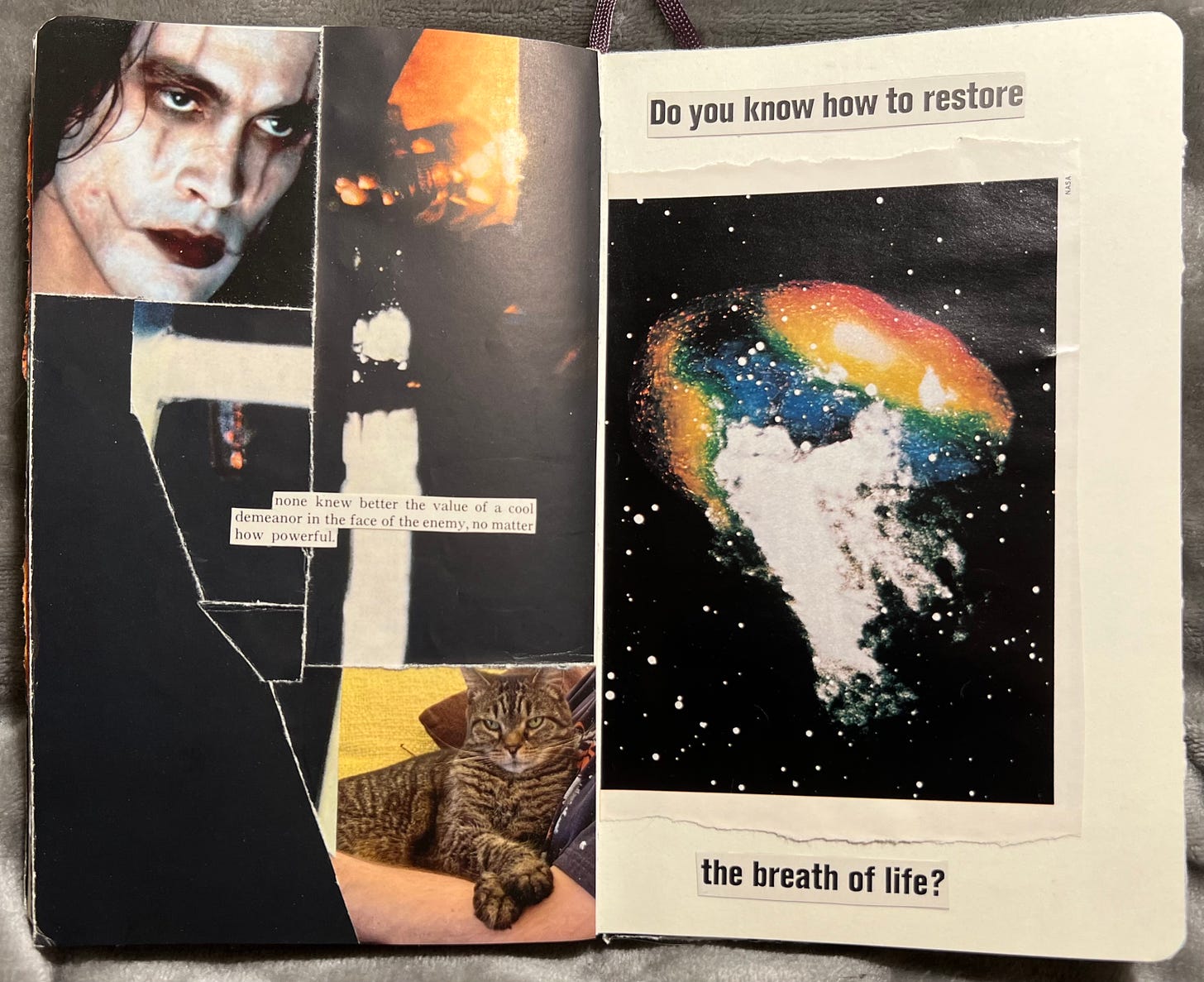 a collage book spread, on the left is brandon lee as the crow and a cat both staring intently with the words "none knew better the value of a cool demeanor in the face of an enemy, no matter how powerful" and on the right is an image of outer space with bright rainbow colors surrounded by the text "do you know how to restore the breath of life?"