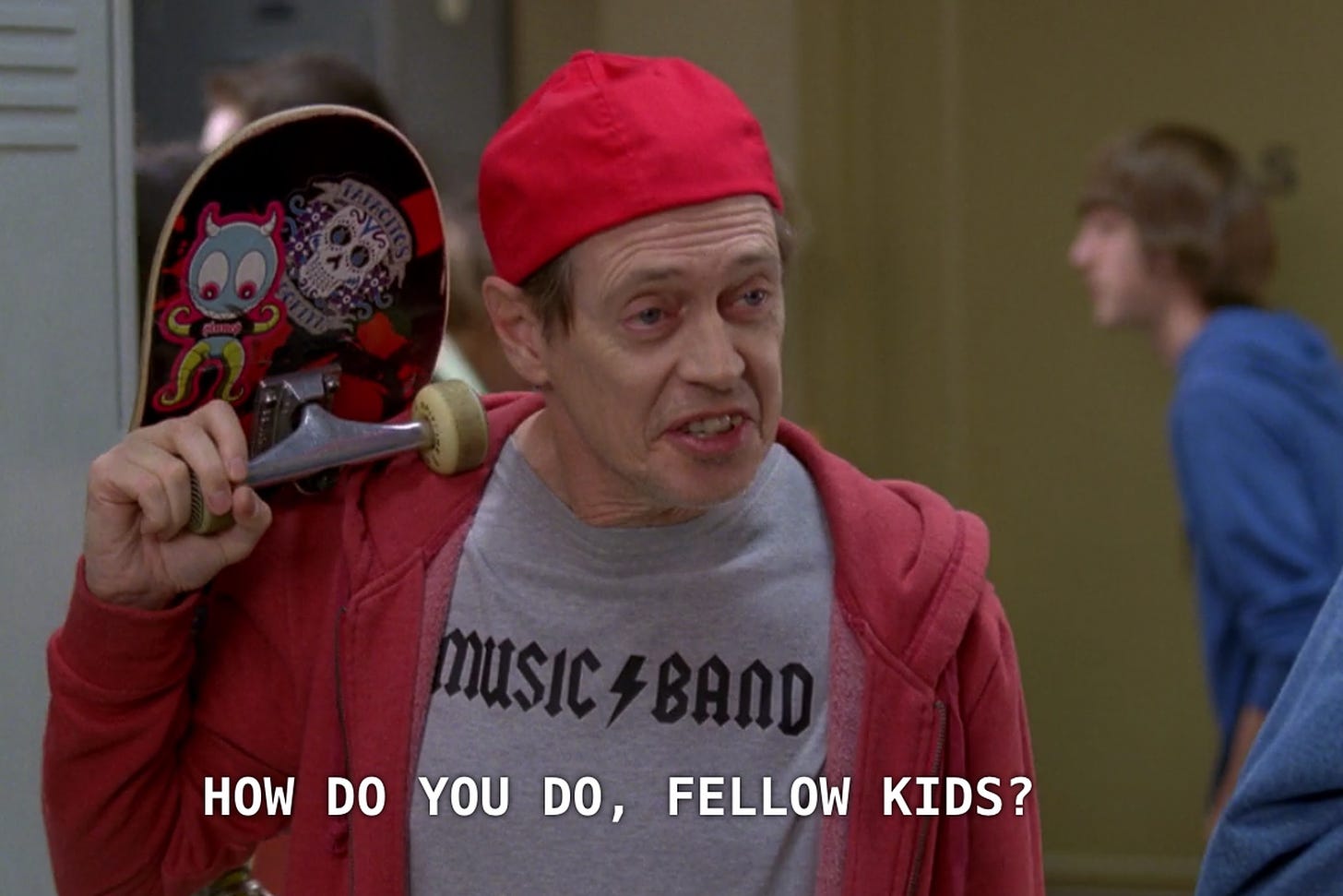 Actor Steve Buscemi in a scene from 30 Rock where he goes undercover and he approaches a group of teenagers and asks 'How Do You Do Fellow Kids' which has become a popular meme.