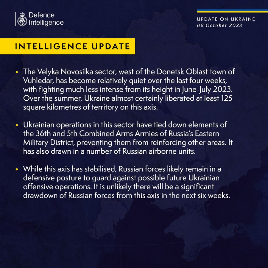 Latest Defence Intelligence update on the situation in Ukraine - 08 October 2023. 
Please read thread below for full image text.