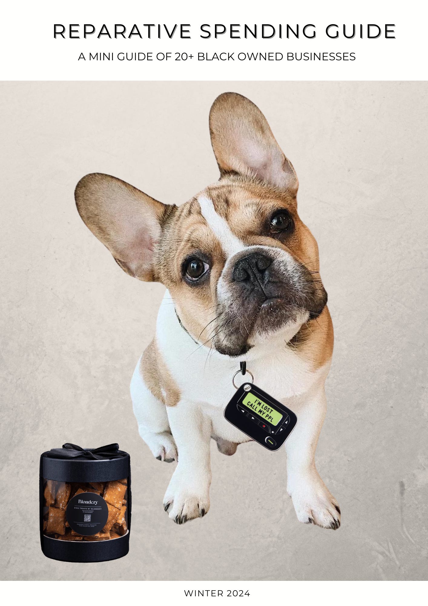 A cover for my Black Business Guide that shows a small tan and white dog wearing a tag in the design of a beeper sitting next to a black tin of dog treats