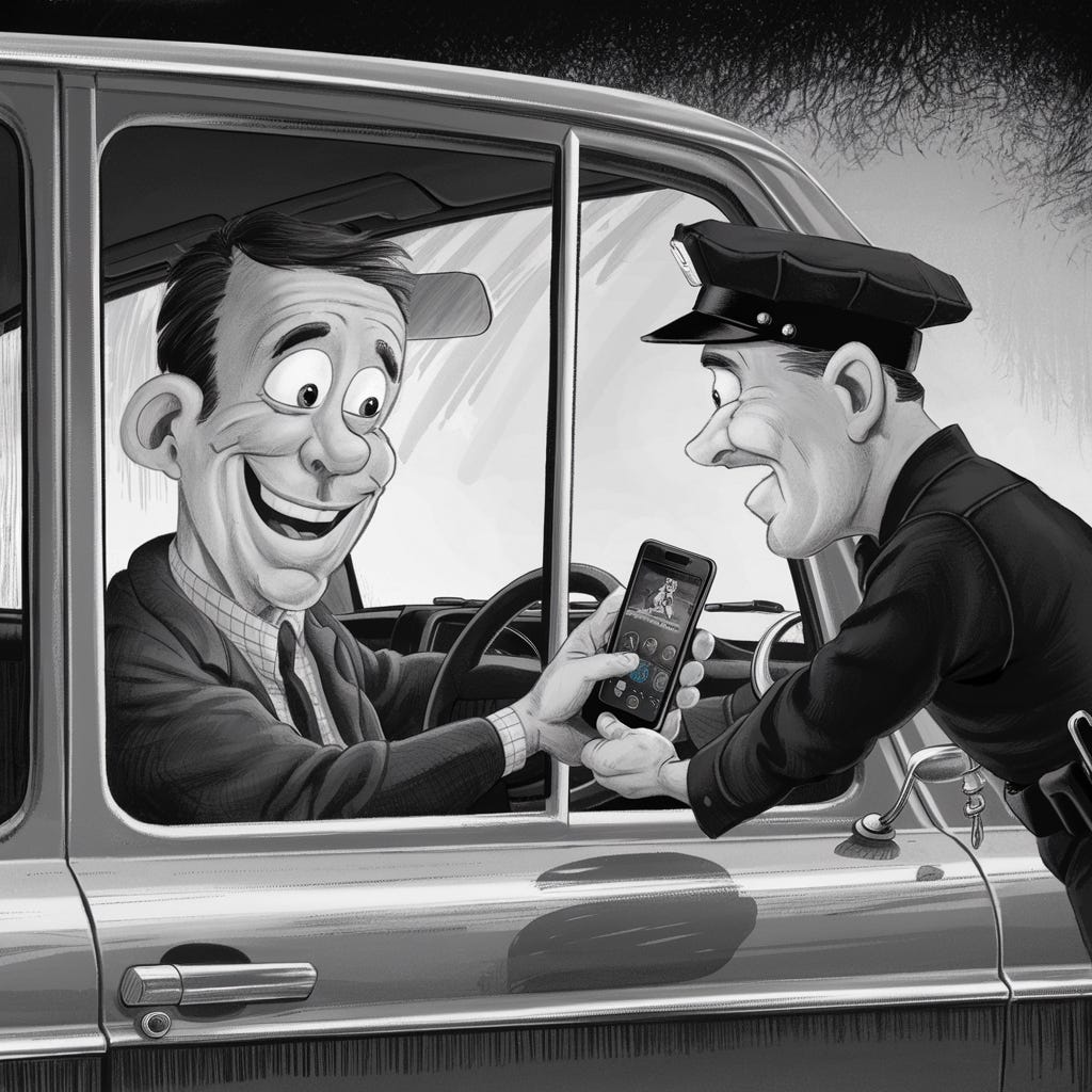 A harsh black-and-white illustration in a 1950's Dashiell Hammett private investigator style. A motorist driving his car is stopped by a policeman standing outside the driver's window. The driver is handing over his smartphone to the officer, with a big happy smile on his face.”