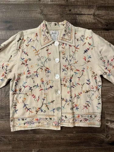 VTG Units White Floral Embroidered Jacket Womens S Mother Of Pearl Shell Button - Picture 1 of 9