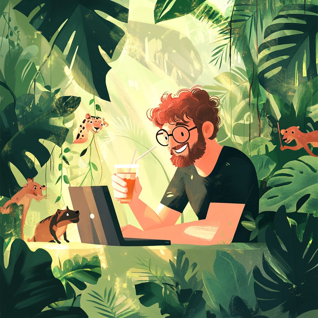 an illustration of a man working at a laptop in the jungle. He's happy and has a cocktail in his hand. There are some jungle animals peeking out of the foliage.