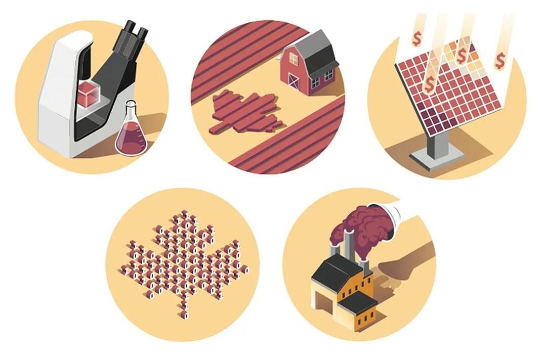 A microscope, a barn, a maple leaf, a factory, a trading screen. All illustrations.