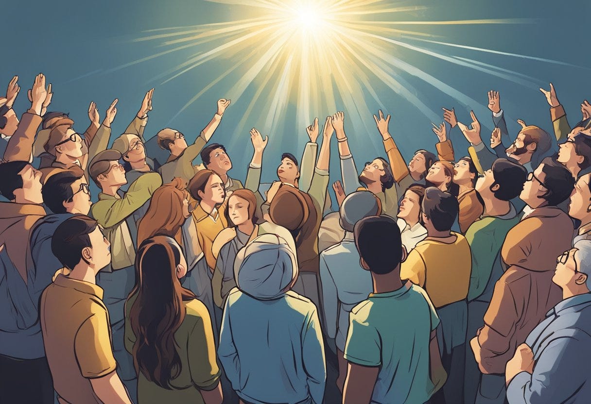 A bright light shines down from the sky, illuminating a group of people looking up in awe and confusion. Some are pointing and gesturing, while others are deep in discussion, creating a sense of debate and controversy