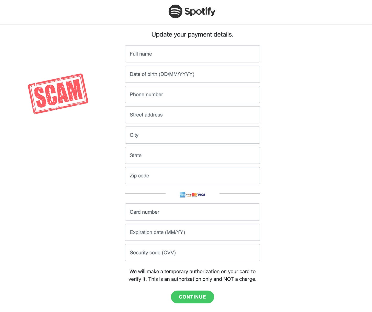 Fake online form asks you to update your Spotify account with personal and credit card information.