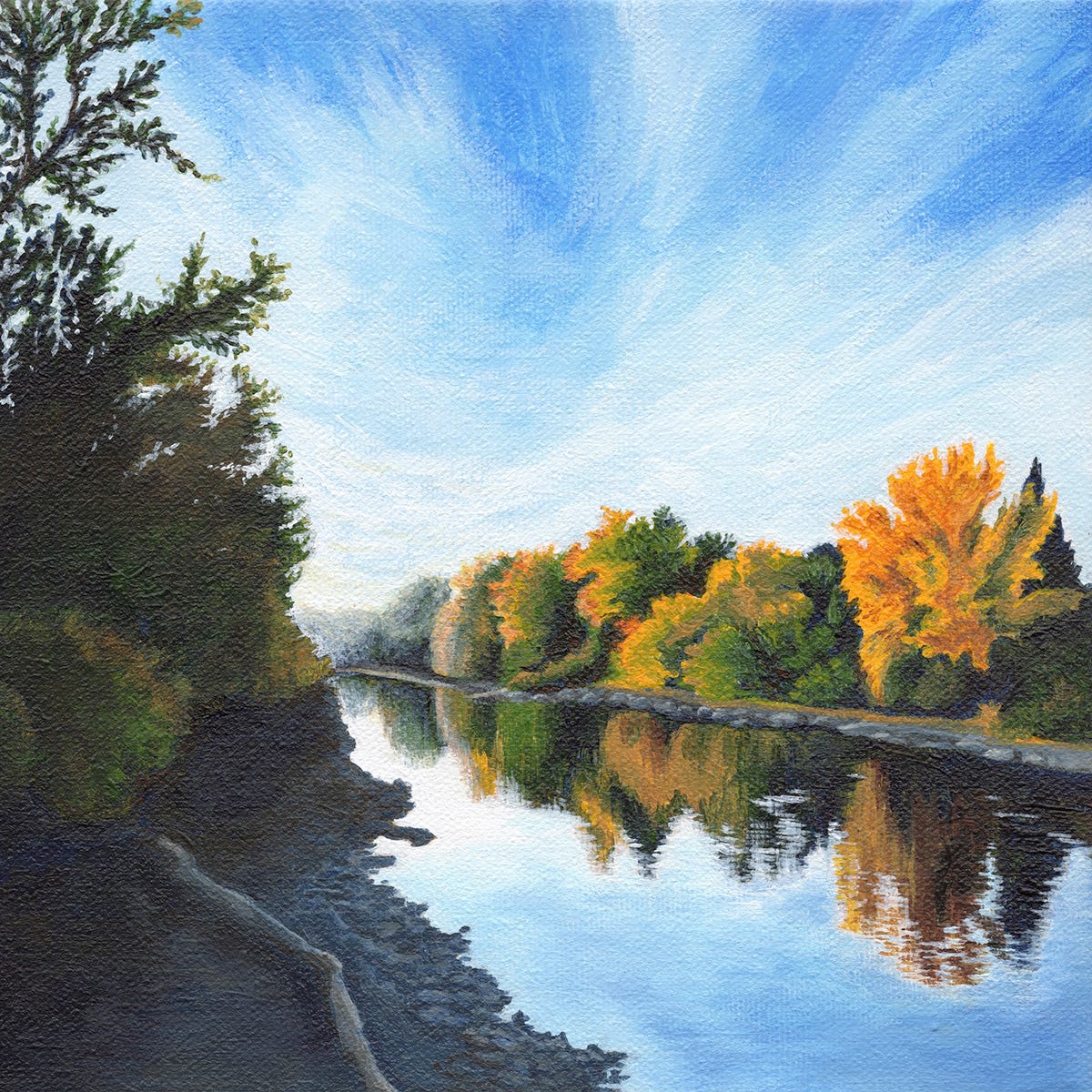 Painting of an autumn scene along the Bow River. On the far bank of the river, the trees are lit up in a mixture of varied greens and bright orange that are mirrored in the water. The sky is bright blue and streaked with a fan of wispy clouds.