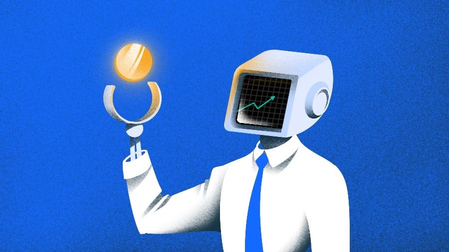 Illustration of a robot holding a gold coin.