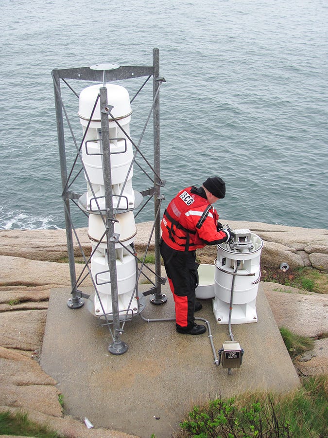 A view of the FA-232/02 main sound signal (left) and an FA-232 sound signal, which served as the systems back up or emergency fog horn prior to the installation of MRASS.