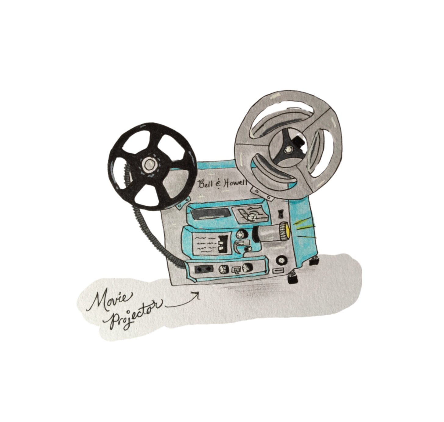 Illustration of a 1980’s movie projector. It has two big wheels attached to a machine with a lens that you put the movie reels onto and it plays the pictures onto the screen. The machine in this illustration is gray and light blue