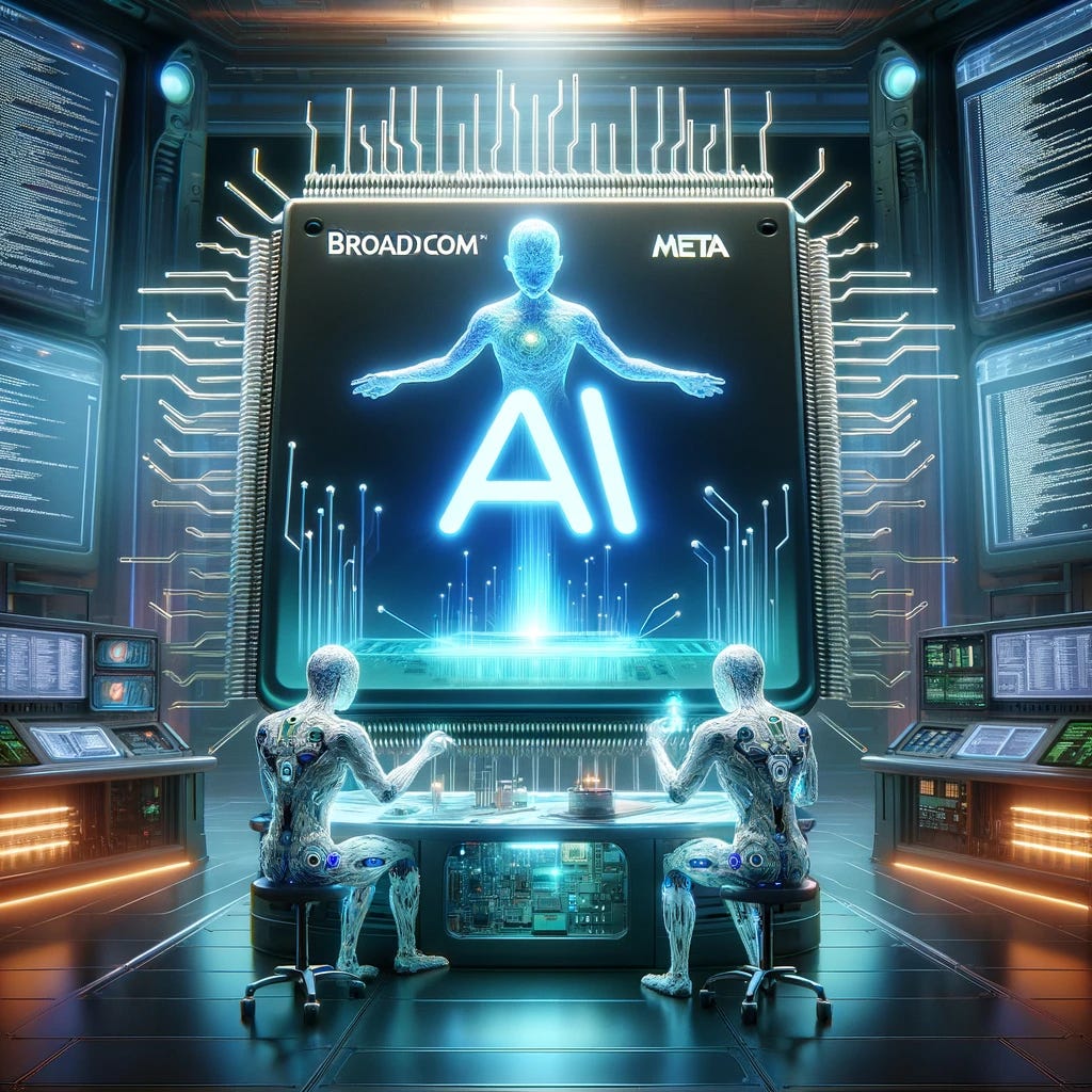 An imaginative representation of Broadcom and Meta collaborating to create a custom AI chip, including their logos. The image features a futuristic, high-tech laboratory setting with two humanoid figures symbolizing Broadcom and Meta. These figures are working together at a high-tech workstation, assembling a large, intricate, and glowing chip labeled 'AI'. The Broadcom logo is displayed on one figure, and the Meta logo on the other. The chip should look advanced and futuristic, with intricate circuits and glowing elements. The background of the lab is filled with monitors displaying code and AI algorithms, and the overall ambiance is one of cutting-edge technology and collaboration.