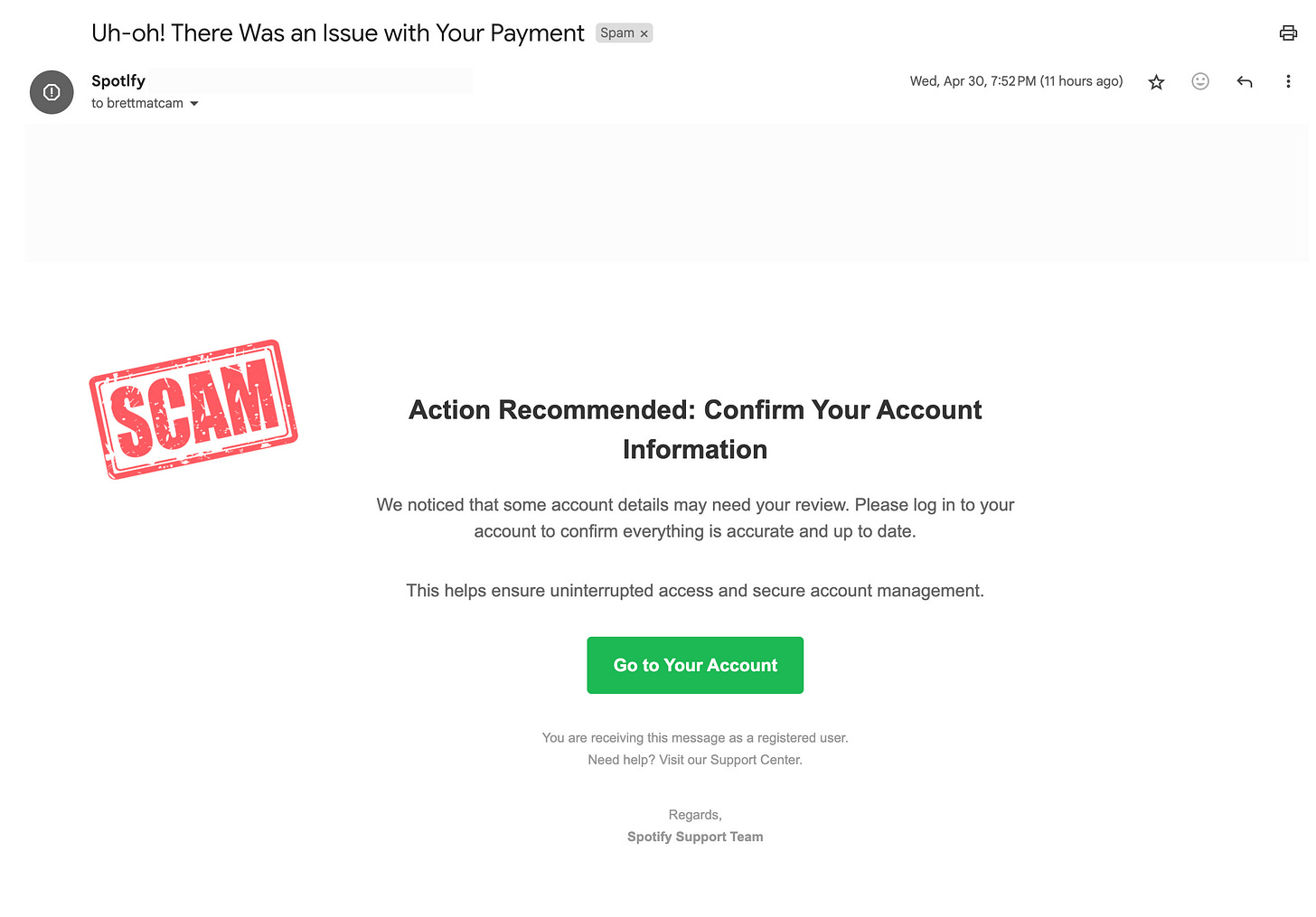 Scam email claiming to be from Spotify asks you to click a link to update your account.