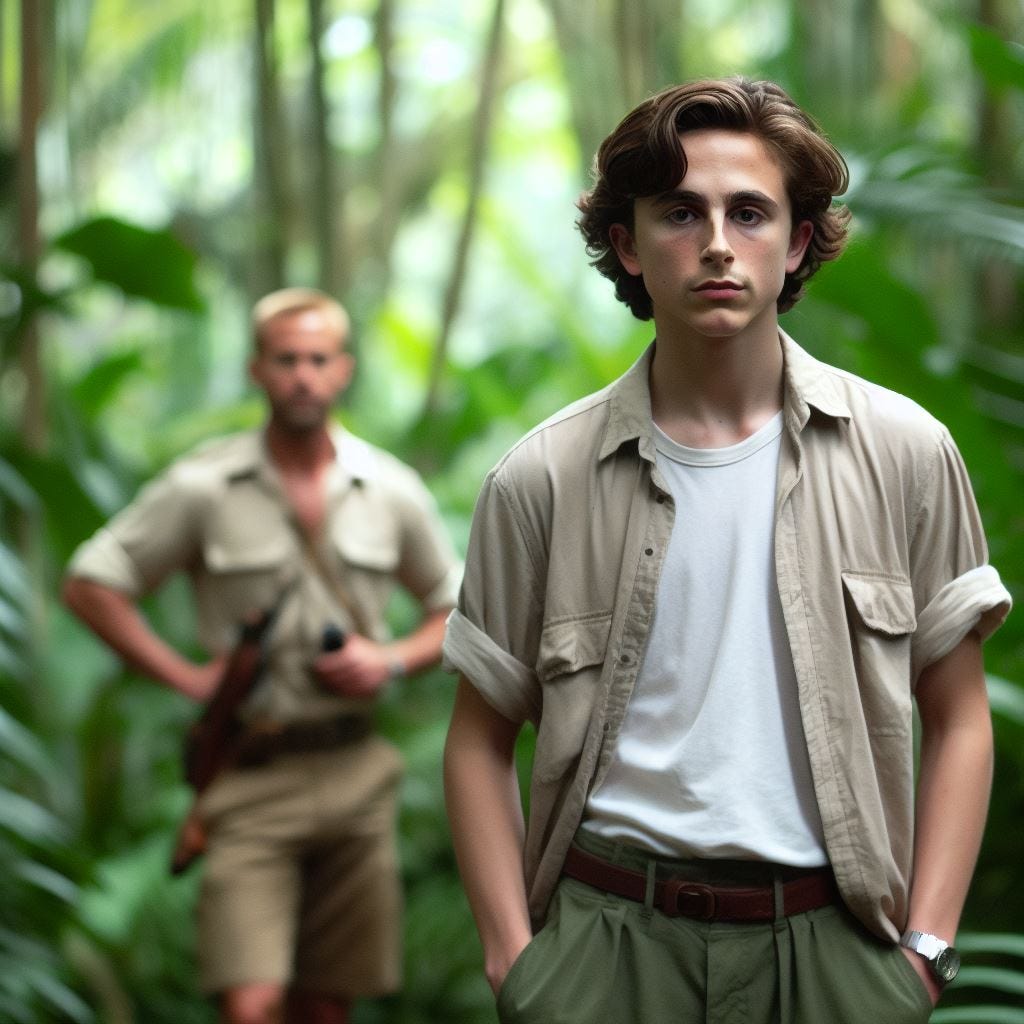 Timothee Chalamet in a tropical jungle, dressed in normal clothes. In the distance, a blurry blonde clean-shaven Ryan Gosling dressed in military pants and a white shirt watches.