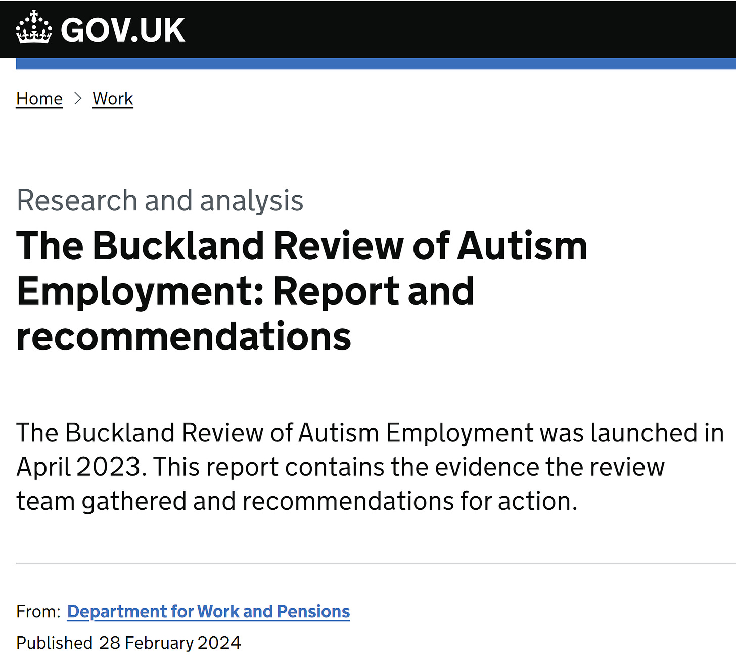 screenshot of the gov.uk web page, which shows the headline "The Buckland Review of Autism Employment: Report and recommendations" 