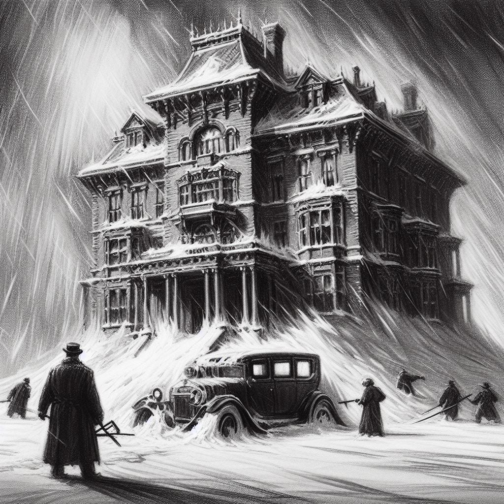 a charcoal sketch of a giant mansion being blocked up by a snowstorm in the style of a classic mystery movie