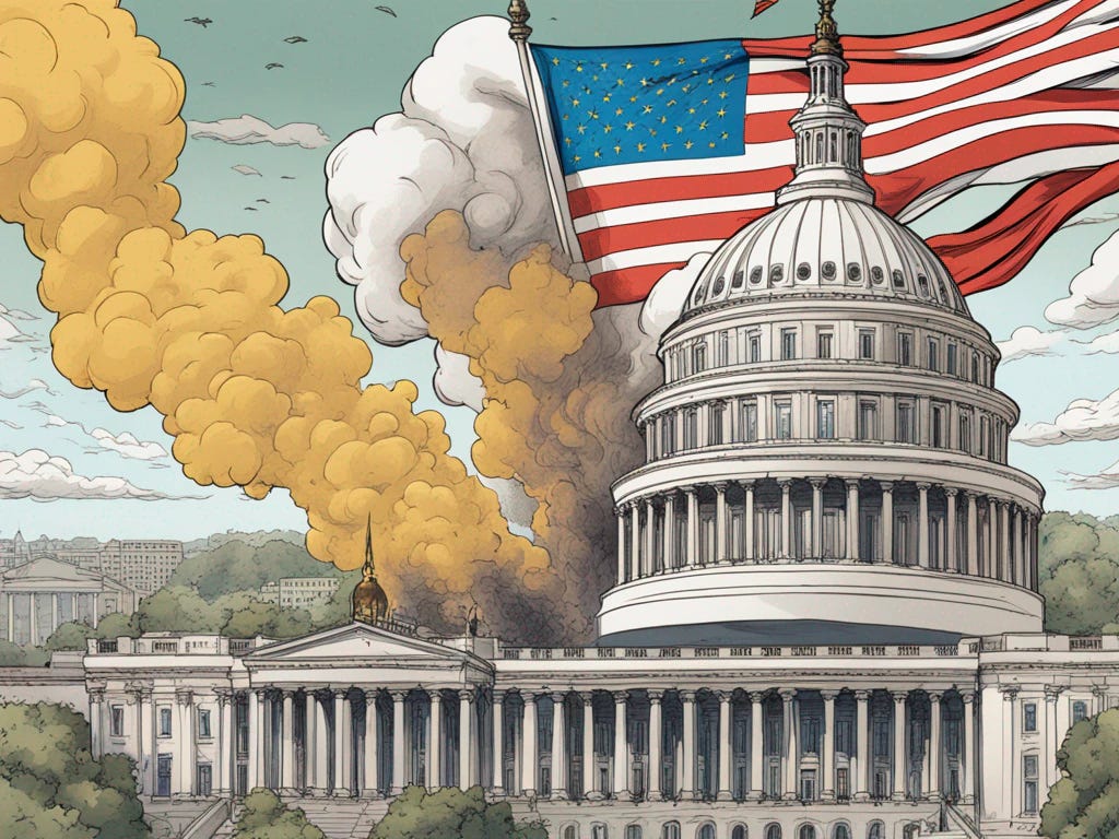  bande dessinée, franco-belgian comic, comic album, detailed drawing, Zooming in on the Capitol Hill building in Washington D.C., with the American flag waving proudly. In the background, we see simulated smoke and bombs exploding.  close-up shot of the Ukrainian president, VOLODYMYR ZELENSKY, wearing his signature olive green vest and pants, looking determined and serious. His grey hair is neatly combed, and his piercing blue eyes are fixated on the horizon. He's speaking on his phone, surrounded by aides and advisors. The room is dimly lit, with red and blue hues illuminating the scene.