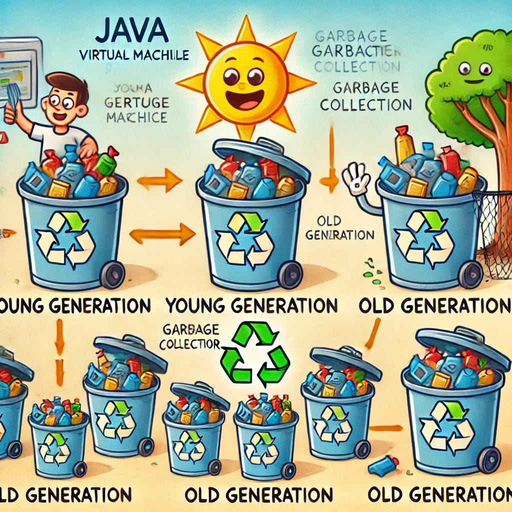 A humorous and conceptual illustration depicting the Java Virtual Machine (JVM) garbage collection process as a series of typical rubbish-garbage cans. Each garbage can represents a memory area (e.g., young generation, old generation), with labels replaced by playful visual cues like a sun for the young generation and a tree for the old generation. A cheerful garbage collector character is shown cleaning up and optimizing the cans. The style is lighthearted, colorful, and cartoonish.