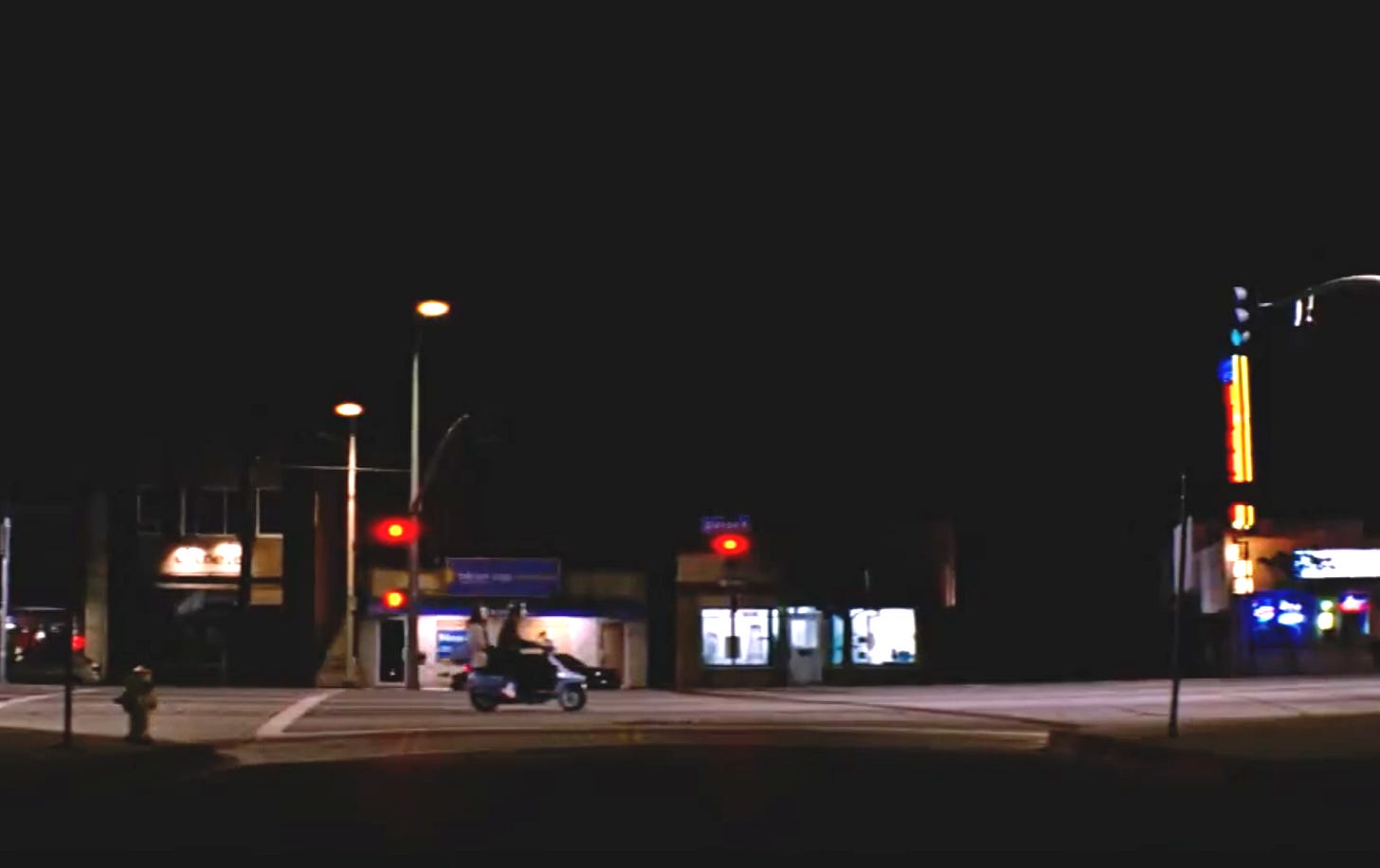 The nighttime scooter scene in the movie Larry Crowne The nighttime scooter scene in the movie Larry Crowne