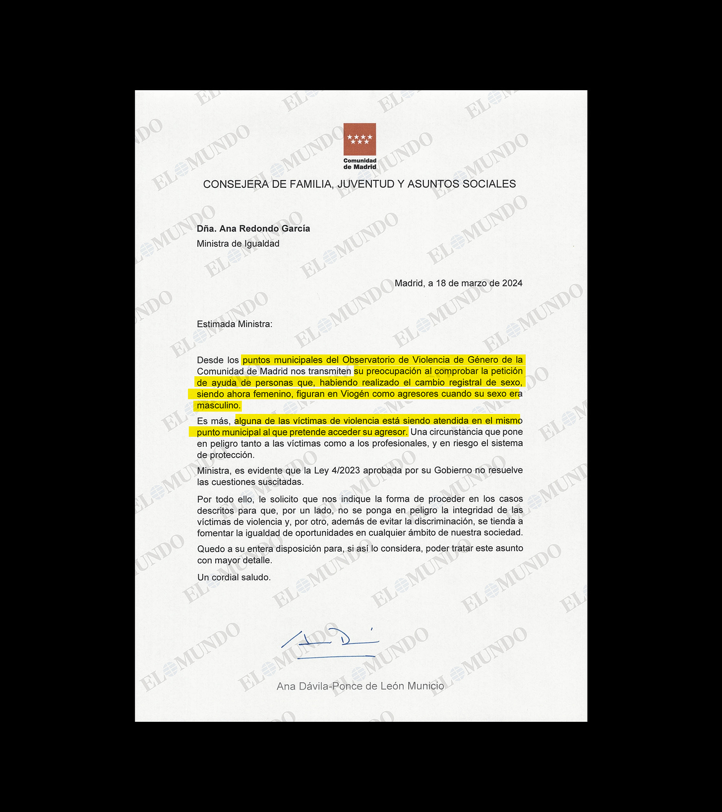 Carta de la consejera de la Comunidad de Madrid a la ministra Redondo.