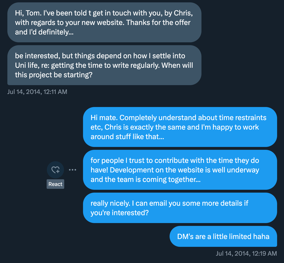 A series of Twitter DMs between Tom Curren and Llew Davies, showing the process of getting Llew on board at SCOUTED.
