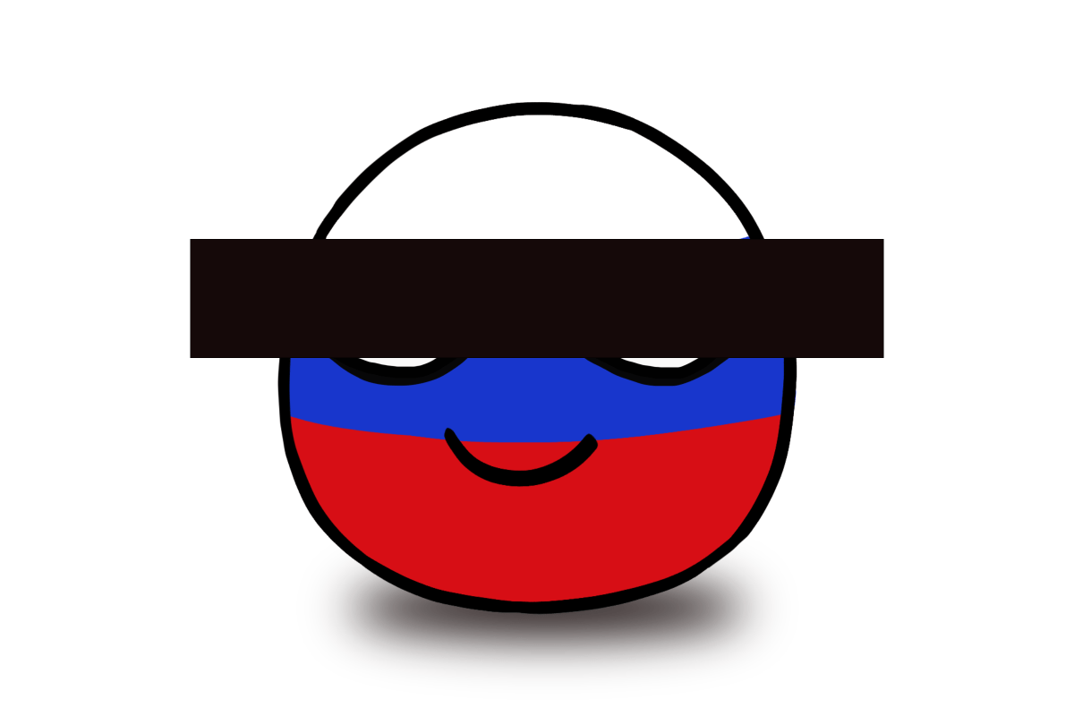 Digital illustration of an emoticon ball colored as the Russian flag with a black bar across the eyes.