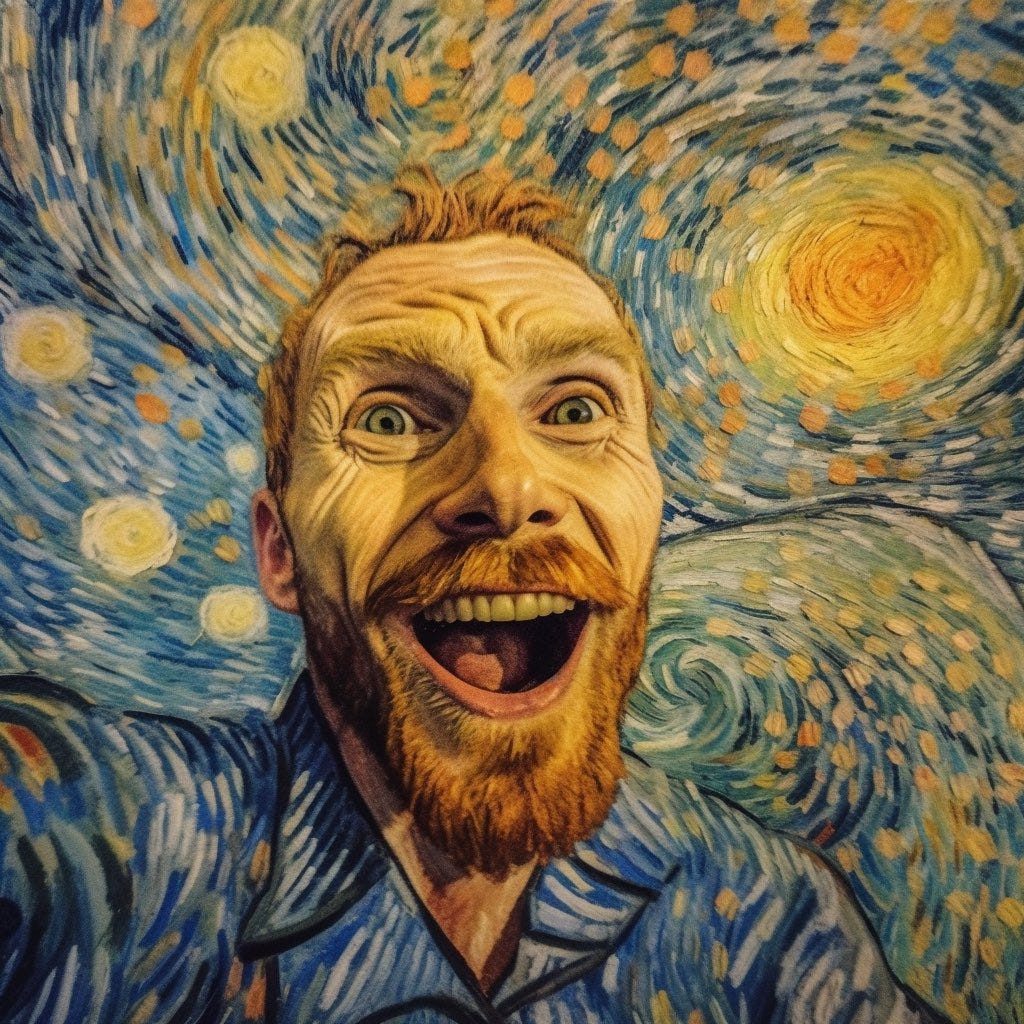 **A hyper - realistic GoPro selfie of a smiling glamorous paranoia vincent Van Gogh. Extreme environment. --style raw --s 750**