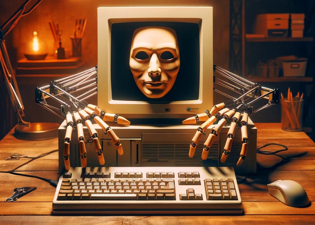 A desktop computer with robot arms coming out of the side and a human face mask on the screen.