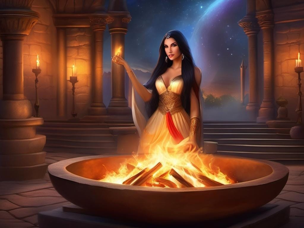 Lilith in temple with ritual fire.