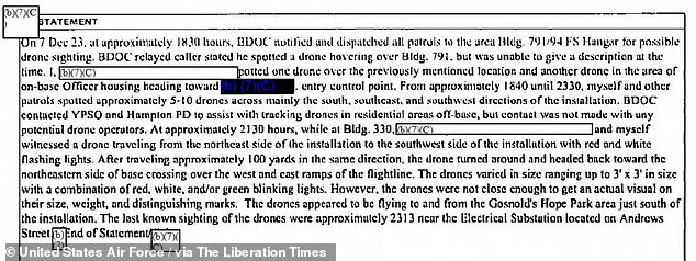 Above, a military witness testifies to the drones displaying 'flashing red, green, and white lights' above AFB joint-base Langley-Eustis in December 2023. This testimony was released via the US Freedom of Information Act (FOIA), along with 50 pages of other Air Force records