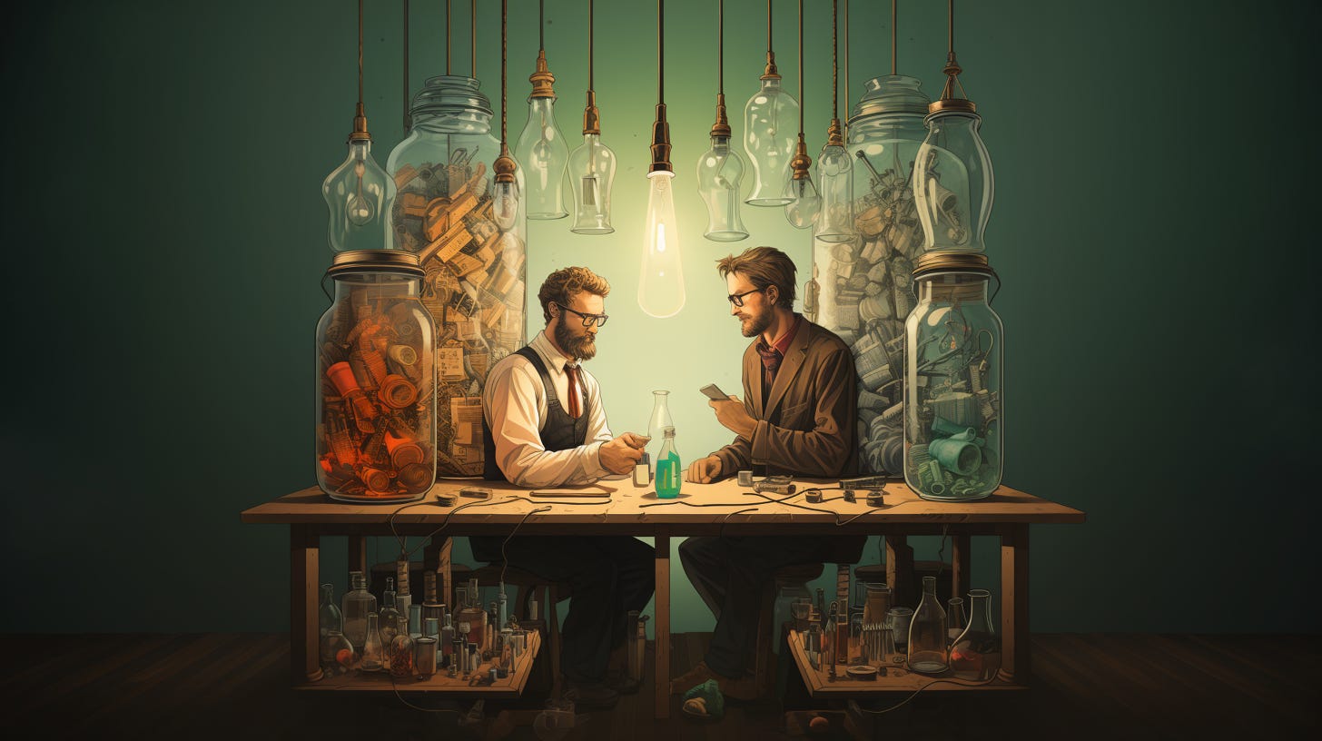 AI generated image of two scientist looking individuals surrounded by glass bottles and science stuff. The bottles look vaguely like they are filled with money.