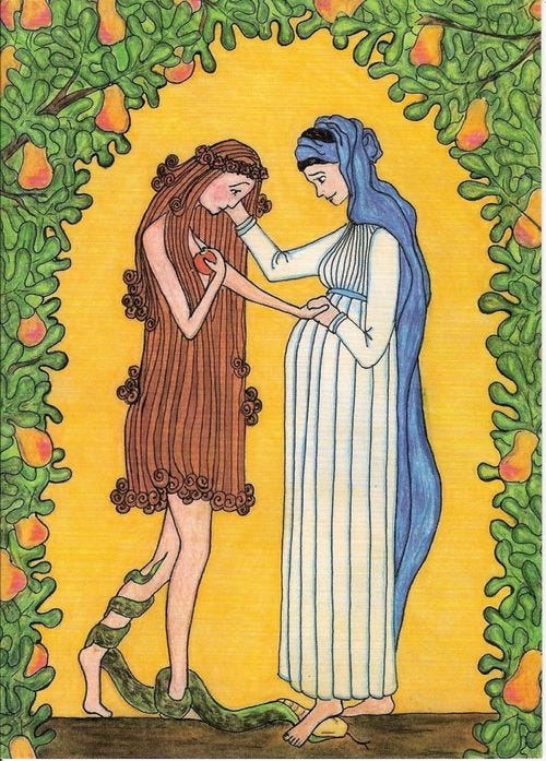Mary and Eve, by Sister Grace Remington, OCSO, from Sisters of the Mississippi Abbey in Dubuque, Iowa. Copyright to Sister Grace Remington. Click the link for more information about buying this as a print directly from their abbey! Via IllustratedPrayer.com