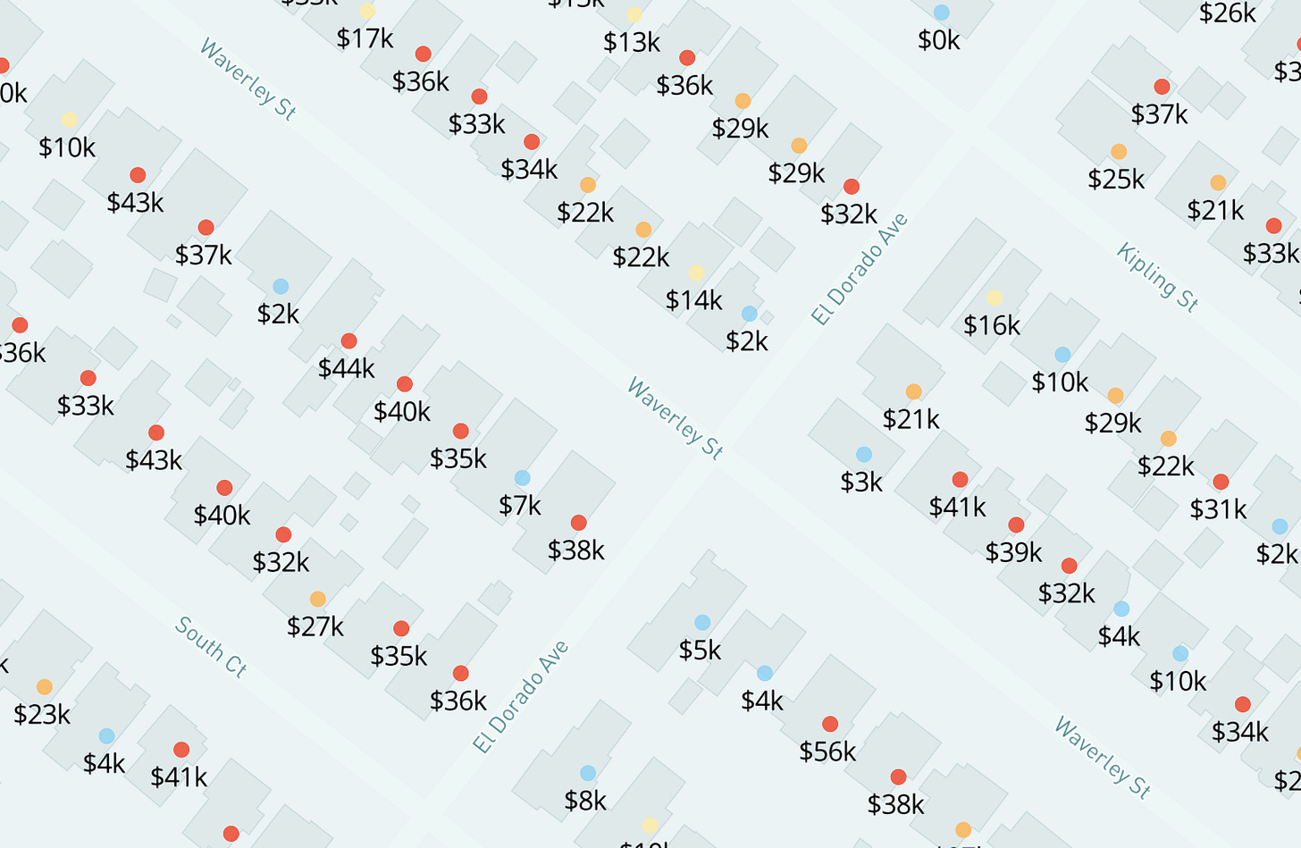 A map of homes showing the property tax bill on top of each; identical homes pay a lot more or a lot less in an arbitrary way. A map of homes showing the property tax bill on top of each; identical homes pay a lot more or a lot less in an arbitrary way.