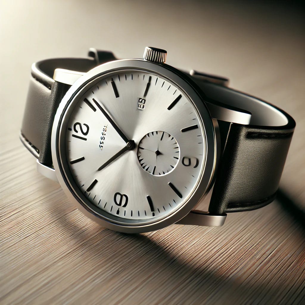 A realistic image of a wristwatch displaying the time 4:40. The watch has a sleek, modern design with a metallic silver casing and a black leather strap. The clock face is clean, with simple white numerals and hands on a dark background. The setting is neutral, with the watch placed on a smooth wooden surface, surrounded by soft natural lighting.