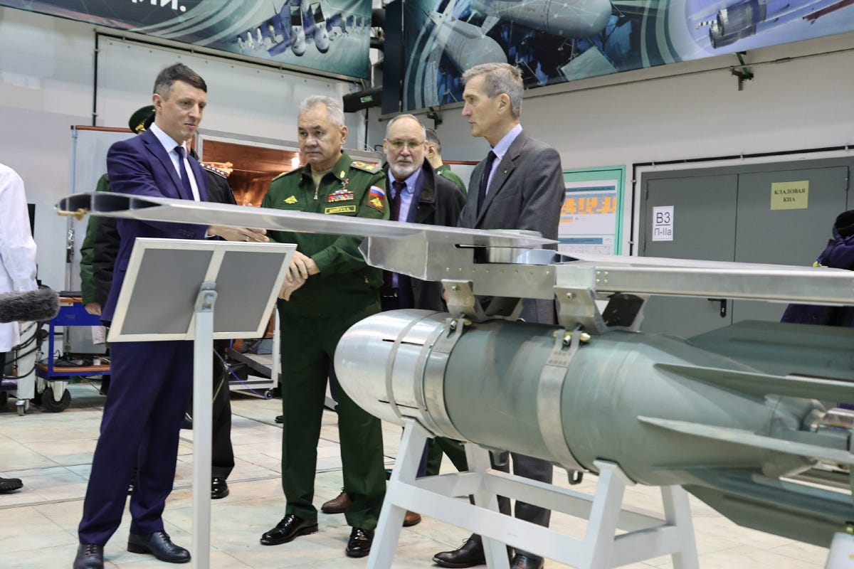 Photo: Russian defense minister Sergei Shoigu inspects a Russian glide bomb during a review of fulfillment of state defense order in Moscow region. Credit: Russian Ministry of Defence.