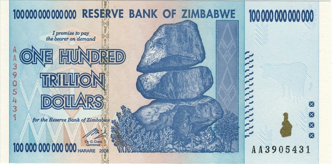 zimbabwe central bank 100 trillion dollars note