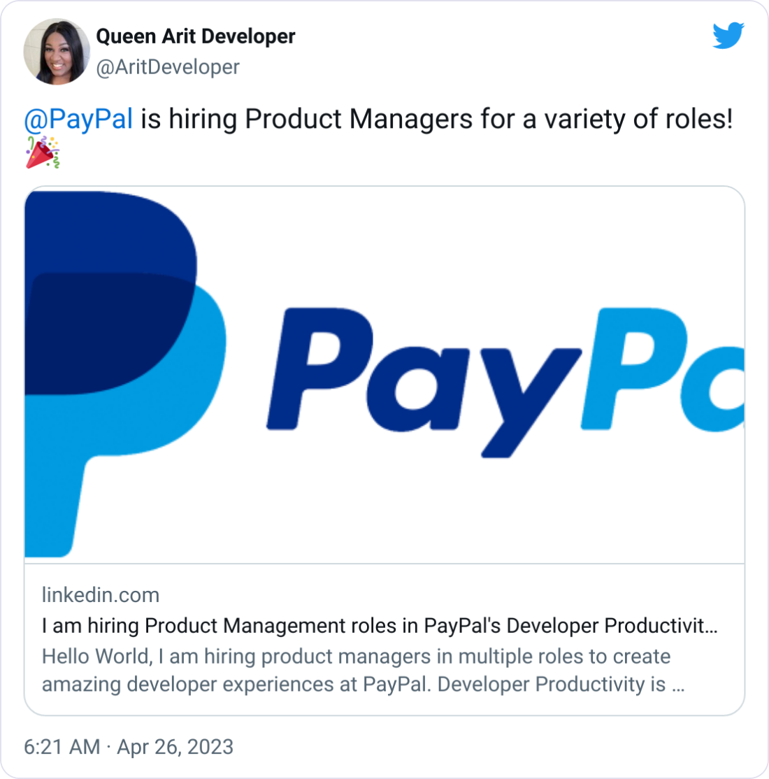 Queen Arit Developer @AritDeveloper @PayPal  is hiring Product Managers for a variety of roles! 🎉